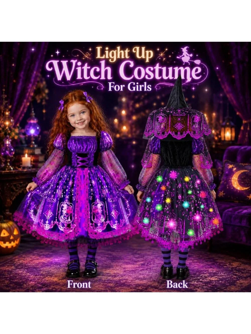 Light Up Witch Costume for Girls, Spooky Halloween Outfit for Kids 3-10